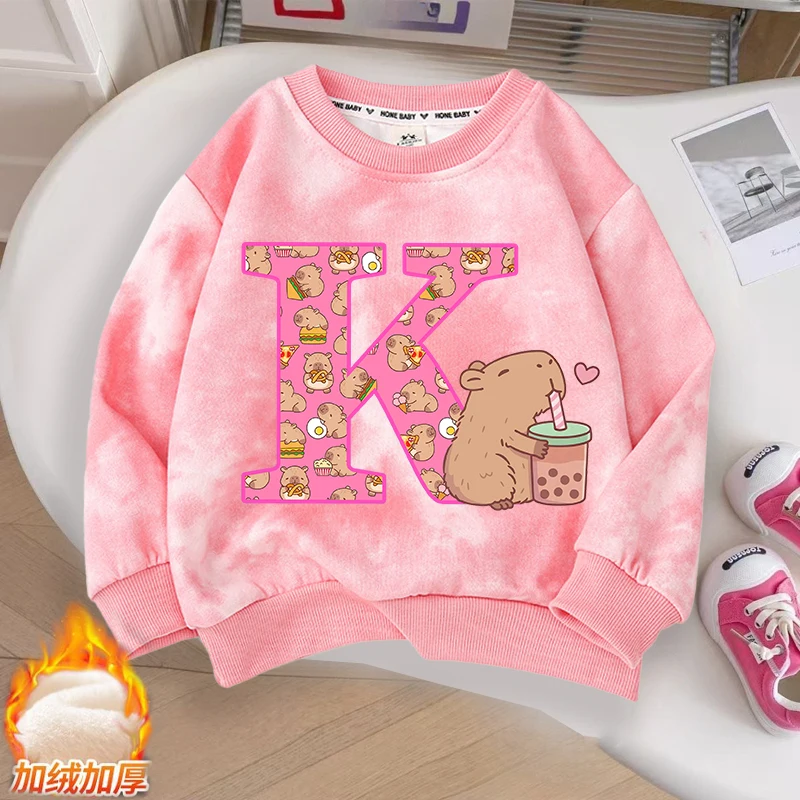 Capybara Girls Sweatshirt New Anime Capibara Letter A-Z Pullover Children Winter Autumn Warm Long Sleeves Tops Kids Clothes Gift