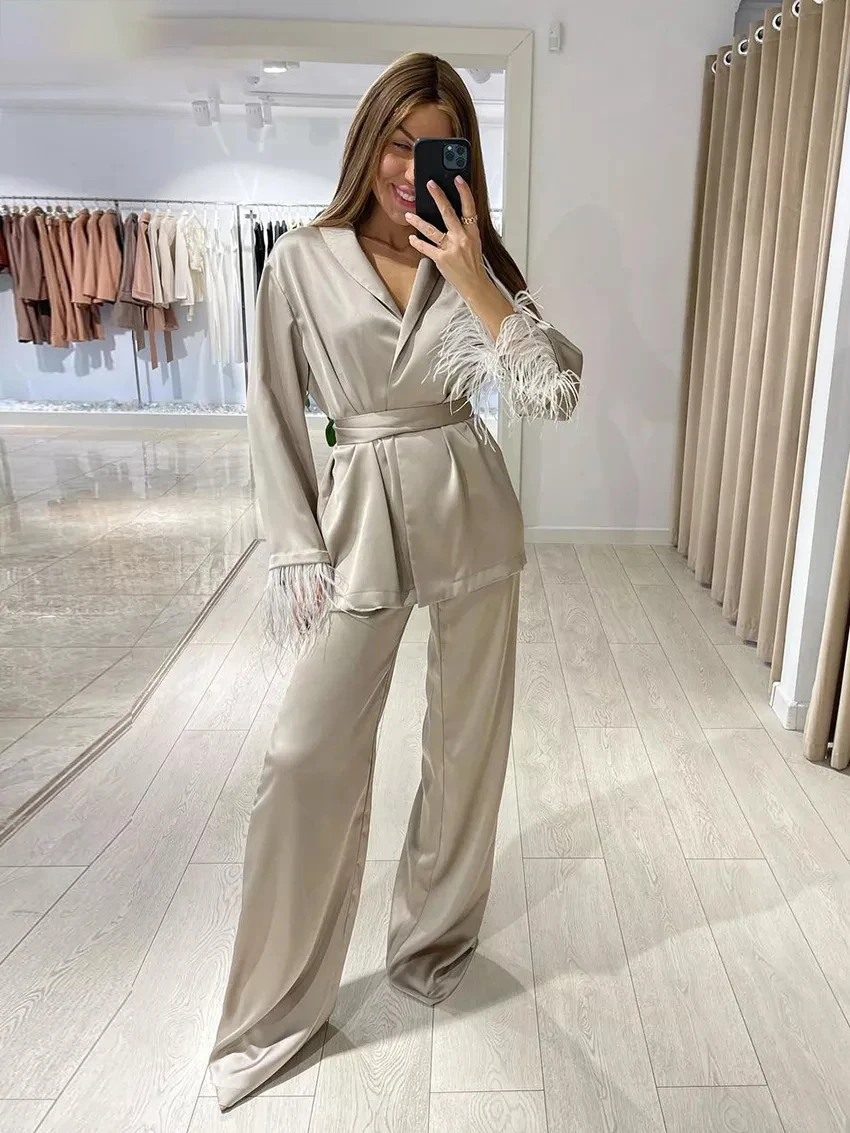 Satin Feather Pajamas for Women Spring Causal Loose Home Suit Luxury Sleepwear Long Sleeve Lace-Up Robes Two Piece Set Female