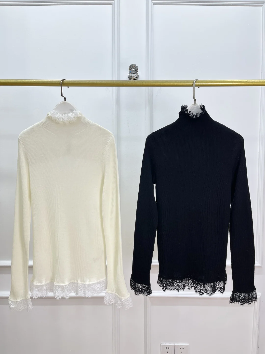 Women's Wool Cashmere Blend Sweater Lace Embroidery Half High Collar Long Sleeve Elegant Slim Knitted Pullover