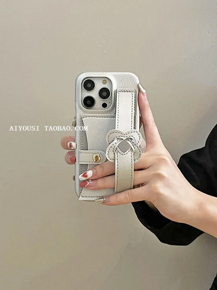 Silver Wristlet Card Case for Apple 14promax Case iphone13promax Wristlet iphone12 Simple Leather 11 Insert Card Case i14/13pro - view 2