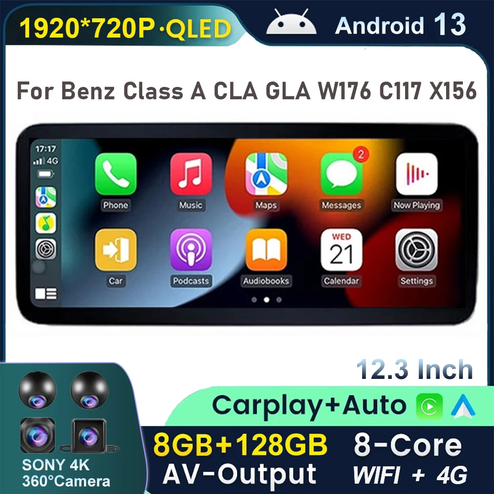 

Автомобильная Мультимедийная система, мультимедийный плеер на Android 13, с экраном 12,3 дюймов, Wi-Fi, 4 Гб ОЗУ, восьмиядерным процессором, для Mercedes Benz Class A, CLA GLA W176, C117, X156