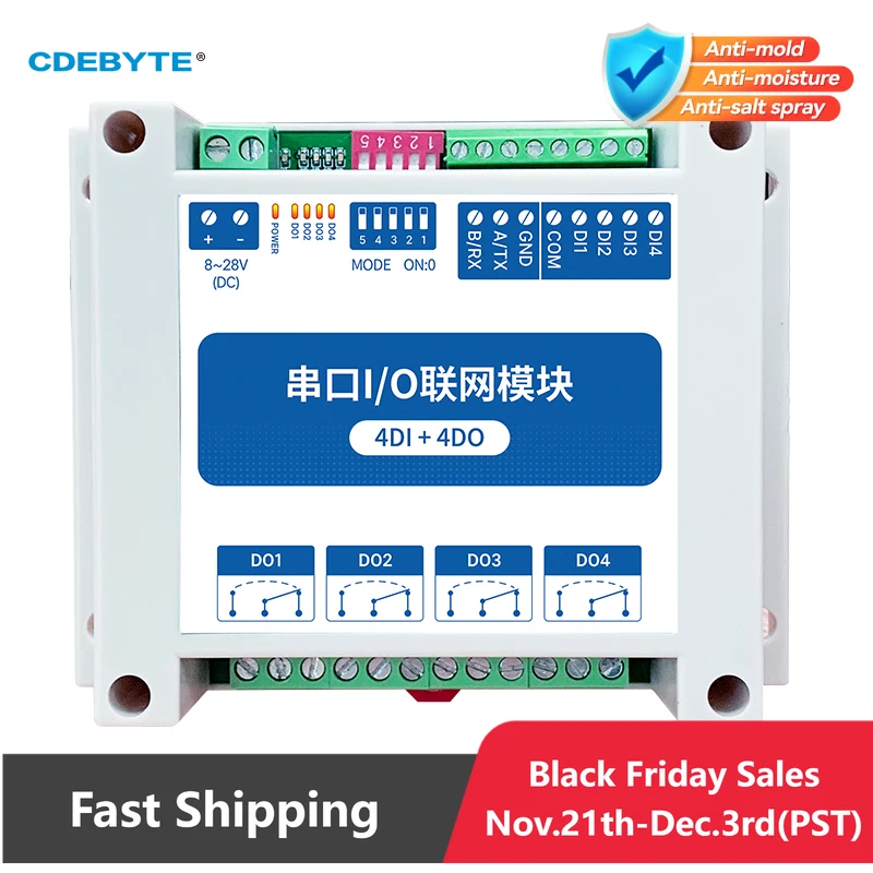 

ModBus RTU Последовательный модуль ввода-вывода Интерфейс RS485 4DI + 4DO 4 цифровых выхода Установка на рейку 8 ~ 28 В постоянного тока CDEBYTE MA01-AXCX4040