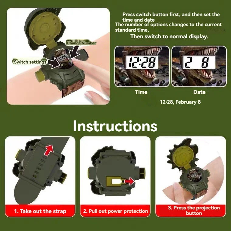 Stylish 3D Children's  Dinosaur Electronic Watch Boys Projection  Watches 24 Projection Patterns Boys Girls Birthday Gift