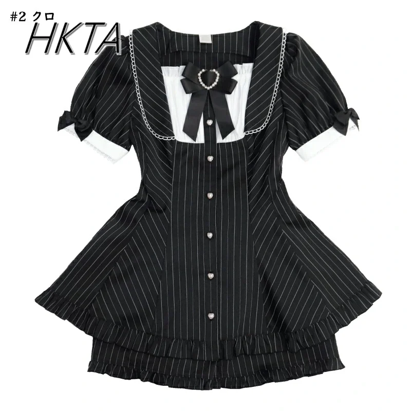 

Japanese Sweet Cute Striped Dress Two Pieces Sets Women Summer New Commuter Lace Bow Short Sleeve Dress Ruffle Shorts Outfit