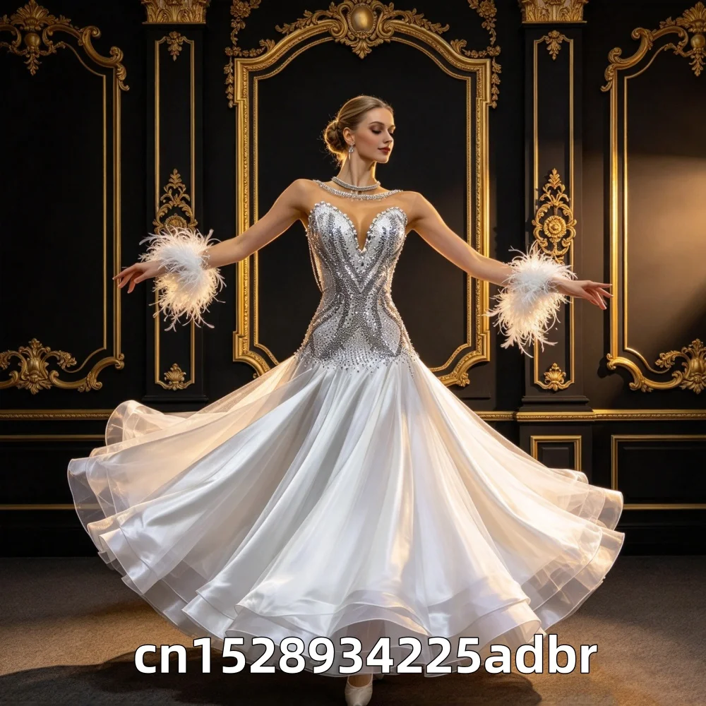 New White Modern Ballroom Competition Dress Custom Size Fit with Mesh and Rhinestone Bodice for Stage