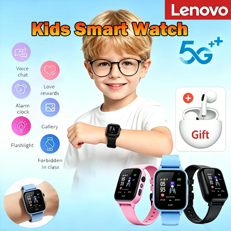 

Lenovo 2026 New Kids 5G Smart Watch Sim Card Call SOS GPS Location Camera Waterproof Child Watch for Boys Girls Present Gift