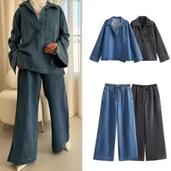 TRAFZA Vintage Casual Denim Chic donna vestito con scollo a V manica lunga top + pantaloni dritti elastici moda 2024 primavera Street Wear set