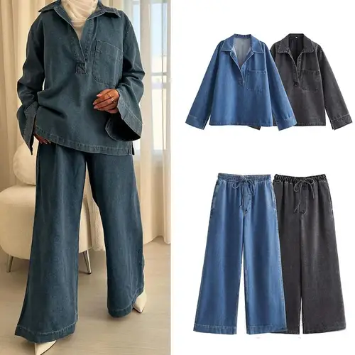 Imagen 1 del producto KONDALA Vintage Casual Denim Chic traje de mujer cuello en V Tops de manga larga + Pantalones rectos elásticos moda 2025 otoño conjuntos de ropa de calle