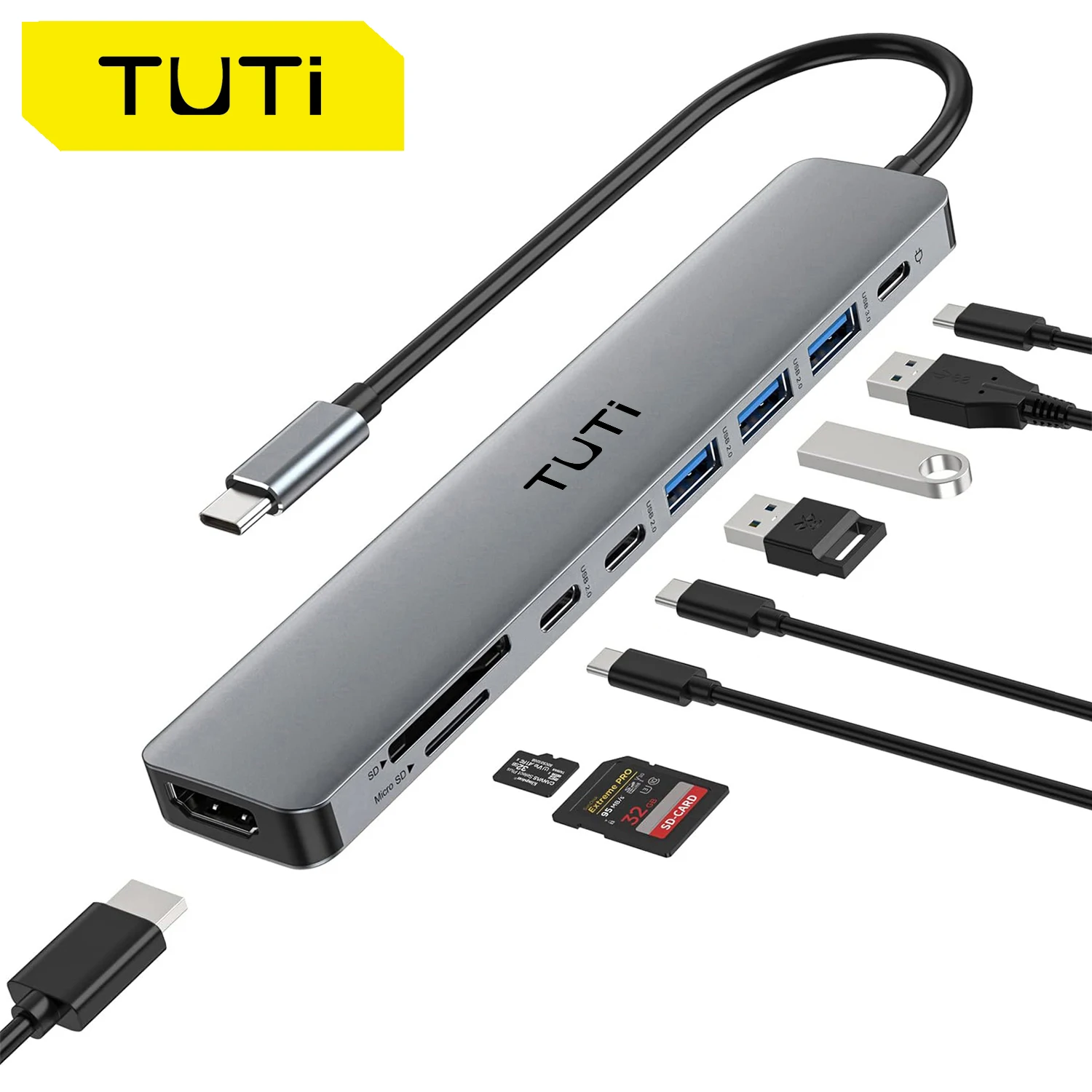 TUTi 9in1 USB C HUBwithPD,1USB3.0&2USB2.0,2 USB-C Data Transfer,SD/Micro SD Card Reader, HDMI,for USB C Dongle Multiport Adapter