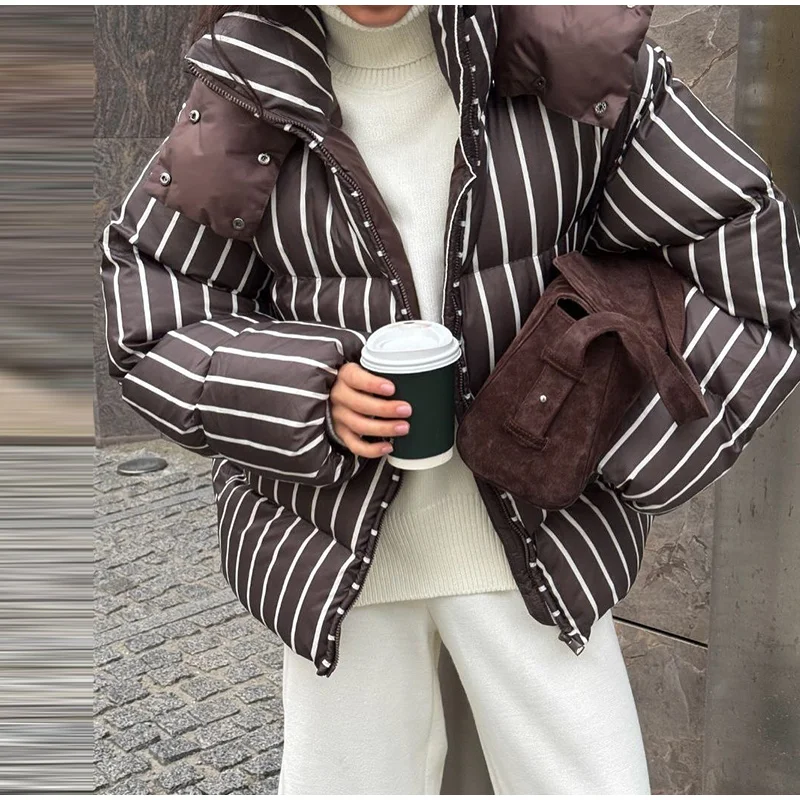 2026 Winter Autumn Stripe Cotton Padded Jacket For Women Warm Long Sleeve Zipper Hooded Coats Lady Street Chic Outdoor Outerwear