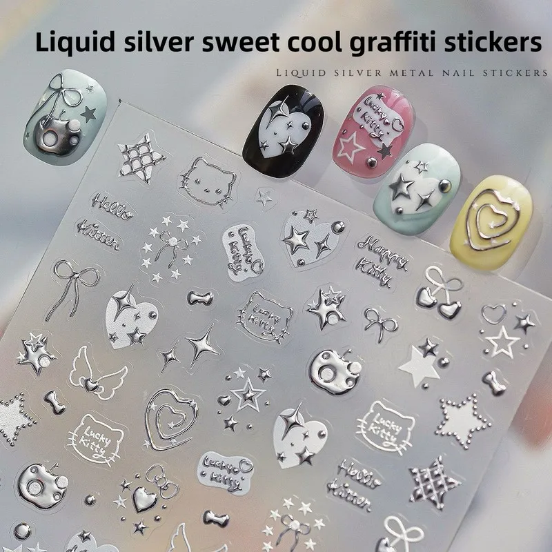 Metallic Silver Y2K Baddie Nail Stickers Premium Silver Embossed Pentagram Bow Starburst Nail Art Decals Manicure Supplies