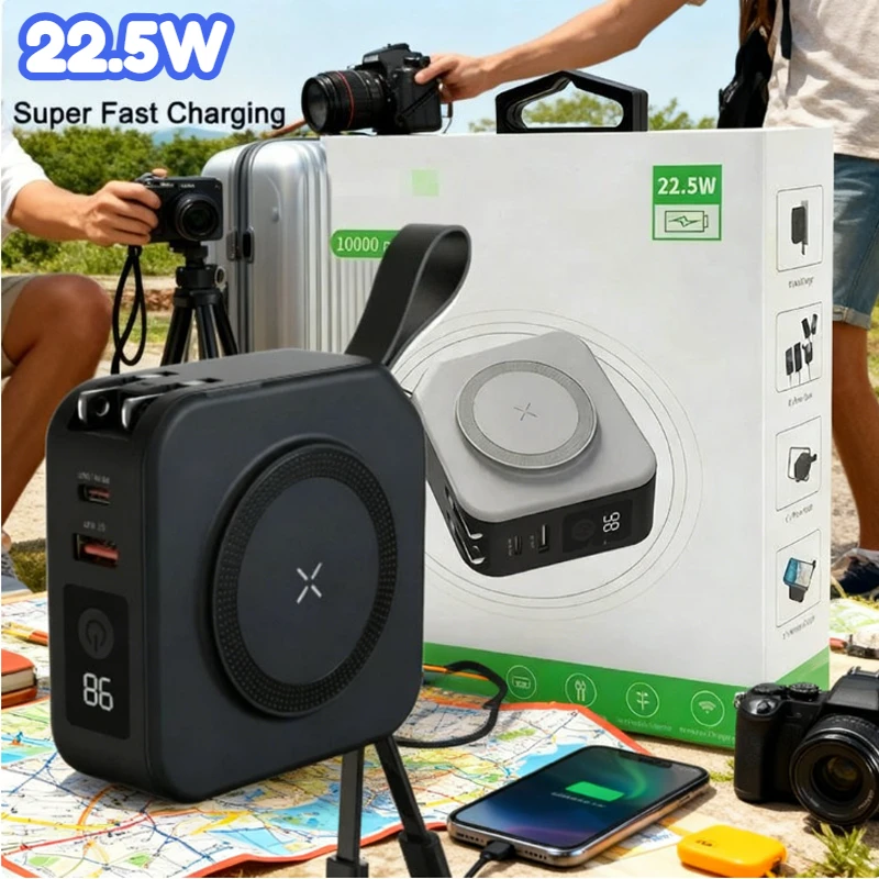 

2025 New 10000Mah Multifunctional Magnetic Wireless Power Bank 22.5W Fast Charging AC Wall Plug-in 5-in-1 Mobile Power Supply