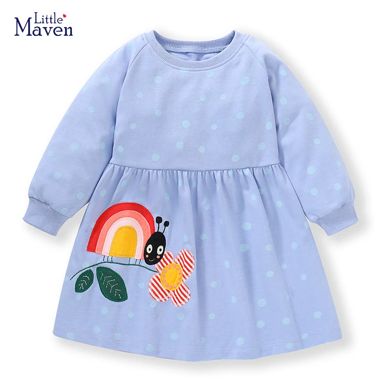 Little maven Korean Dresses Children\'s Clothing Cartoon Flowers Rainbow Snails Spring and Autumn Clothes Kids Baby Girls Costume