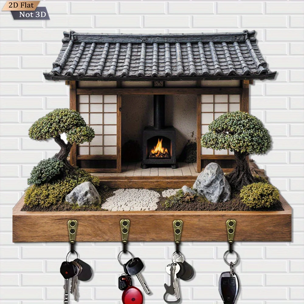 . 2D Flat., Japanese Garden Miniature Scene, Multifunctional wooden home key holder with four metal hooks, suitable for wall