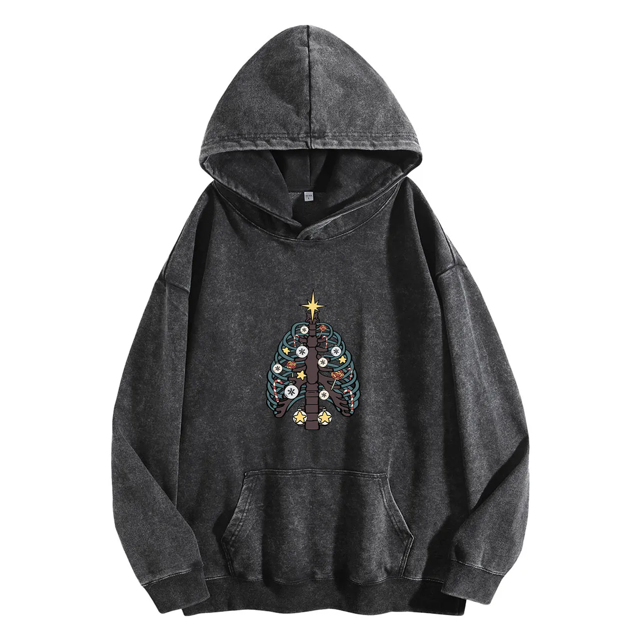 الهيكل العظمي شجرة عيد الميلاد الرجال خمر غسلها الرسم هوديي الرجعية طباعة البلوز عارضة الشارع الشهير النسيج الناعم