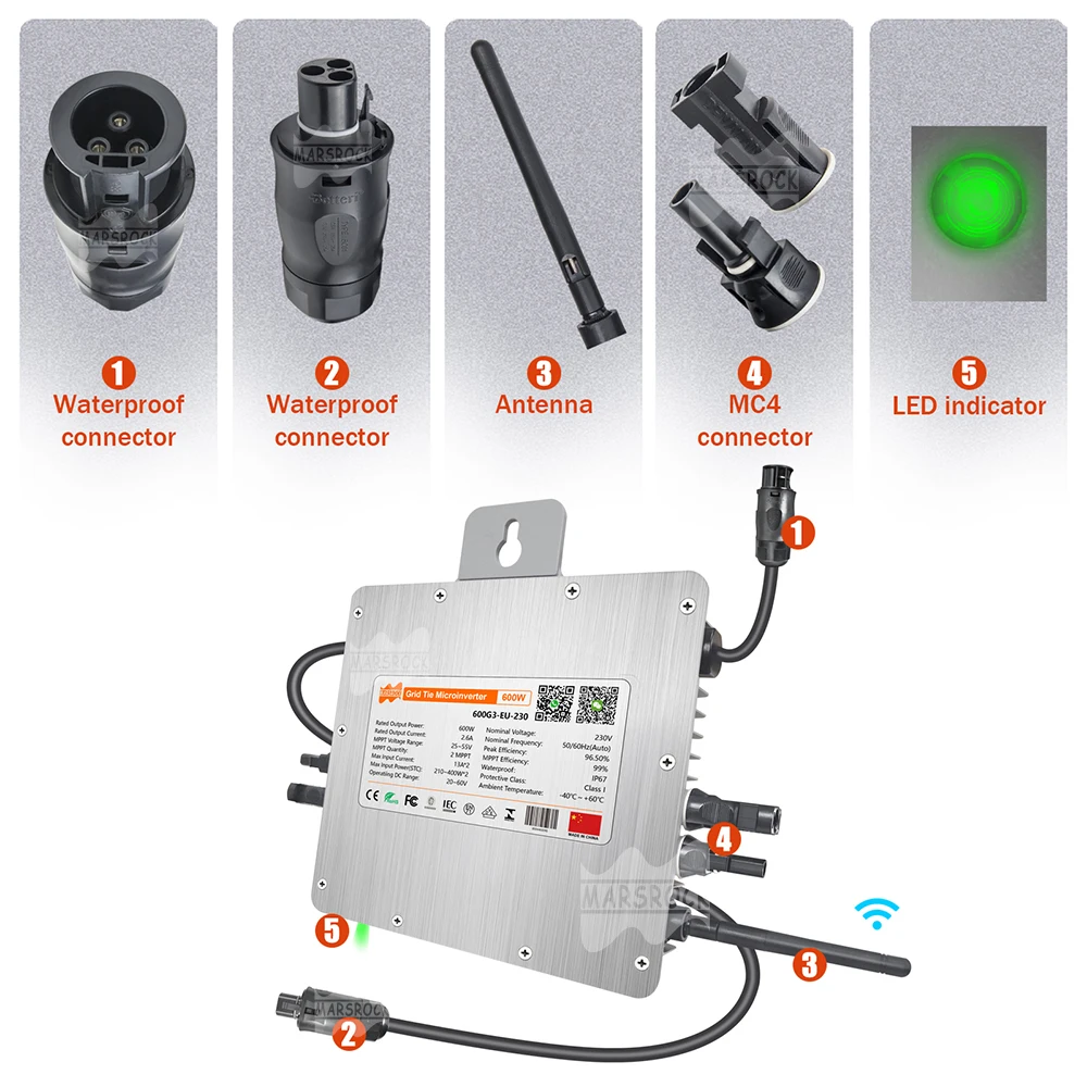 Deye 600-W-Wechselrichter 20–60 VDC auf AC184–265 V, zwei integrierte MPPT-IP67-WLAN, Versand aus EU-Solarnetz-Wechselrichter – Detail 12