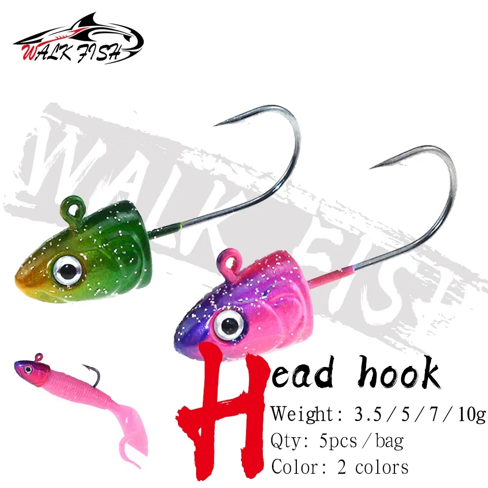 SPAZIERGANG FISCH 5 Teile/los Jig Kopf Weicher Köder Haken 3,5g 5g 7g 10g 3D Auge Jig kopf Jigging Silikon Köder Weichen Wurm Haken Angelgerät