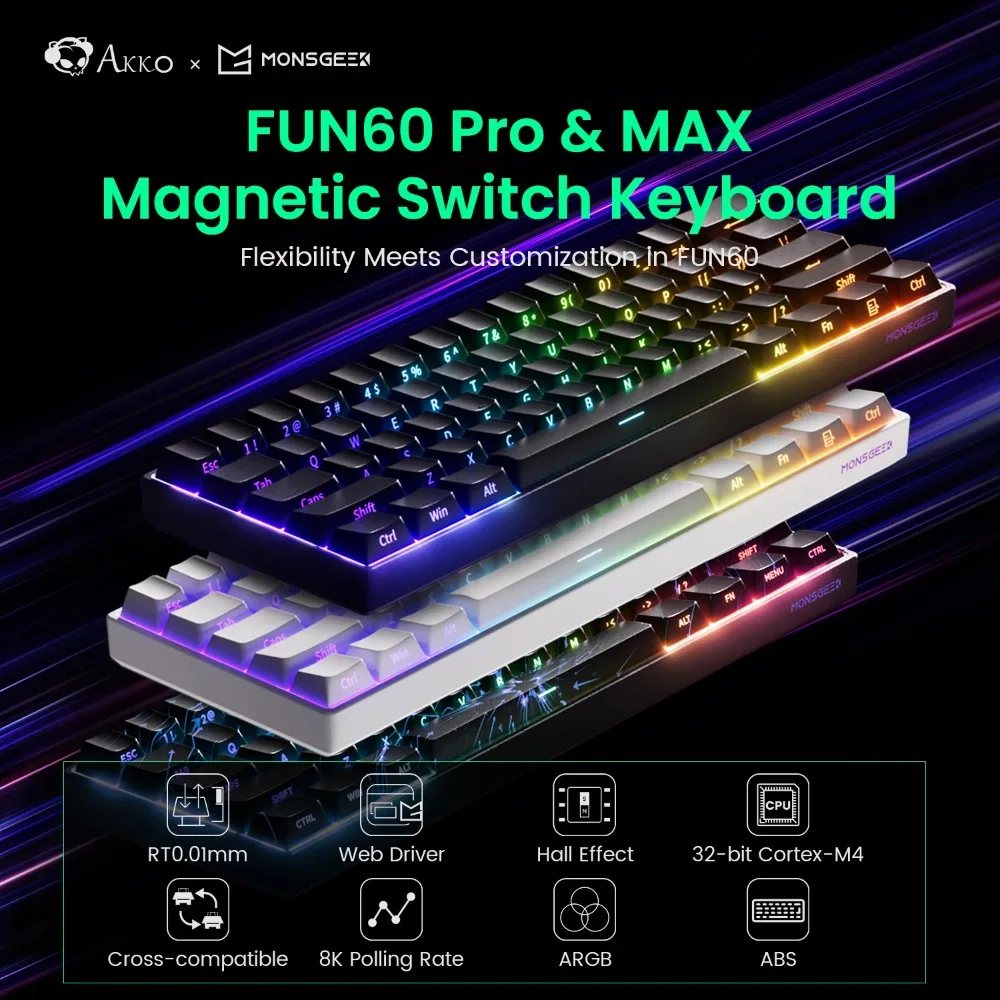 MONSGEEK FUN60 PRO Wired 60% Magnetic Switch Keyboard 8K Polling Rate 32KHz Scan RT0.01mm PBT Keycaps RGB Gaming Keyboard
