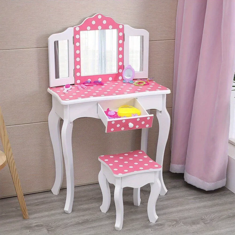 

Kids Girls Vanity Makeup Dressing Table Vanity Set With Fliding Mirror Chair