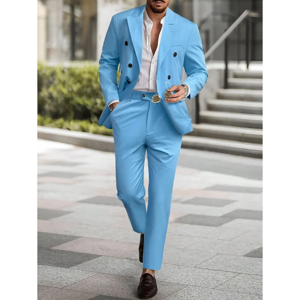 

Double Breasted Blue Men's Formal Suit Set 2 Piecs Jacket Pants Peak Lapel Business Casual Banquet Custom Made Tuxedo