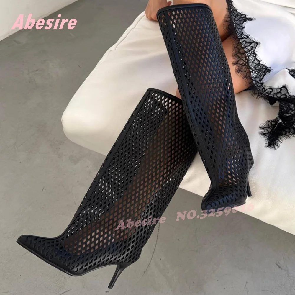 Black Hollow Out Knee High Boots Pointy Toe Mesh Stiletto Boots Thin Heels Patchwork Runway Party Shoes 2026 New Solid Elegant image 3