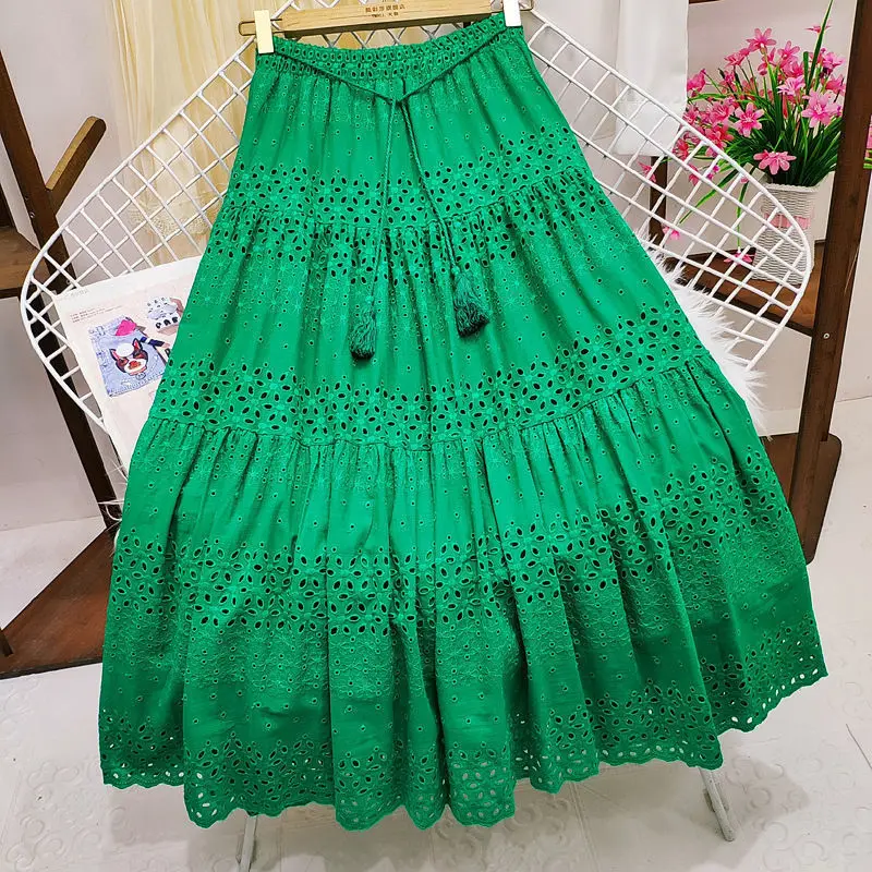 

Long Skirts For Women Korean Style Women's Clothing Green White Black Midi Skirts 2024 New Summer Skirt A Line Lace Loose Skirts