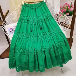 Saia midi estilo coreano feminina, saia solta de renda de linha A, verde, branca, preta, roupa longa, verão, novo, 2022