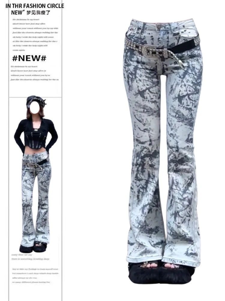 Women Dark Academia Flare Jean Grunge Japanese Abi Low Rise Y2K Tie Dye Denim Pants 2000s Grunge Goblin Core Harajuku Cyber Punk