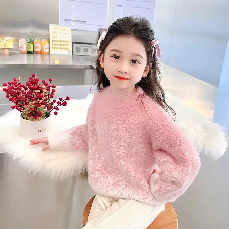【2025 New】Girl's Thick Fleece-Lined Mink Fur Sweater Autumn Winter Child Toddler Base Layer Crew Neck Pullover Knit