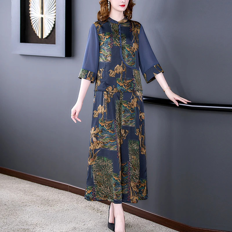 Retro Silk Printing Women Suit Wide Leg Pants  Spring And Summer New Loose Short Sleeve Fashion Two Piece Set