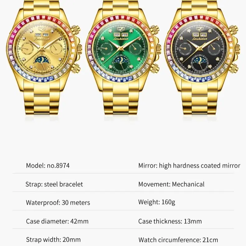 JSDUN 8974 ساعة رجالية ماركة فاخرة ساعة ميكانيكية أوتوماتيكية بالكامل قوس قزح الأحجار الكريمة الحافة مقاوم للماء ساعة رياضية Reloj Hombre
