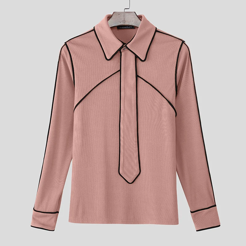 

INCERUN Men Shirt Patchwork Lapel Long Sleeve With Tie Men Clothing Streetwear 2025 Fashion Casual Male Shirts Camisas S-5XL