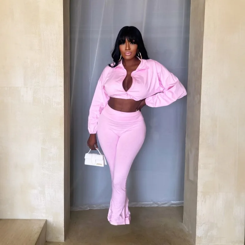 Setelan 2 Potong Wanita Kasual Sporty, Atasan Crop Berkerah Lipat Lengan Panjang dengan Ritsleting + Celana Skinny Pinggang Tinggi