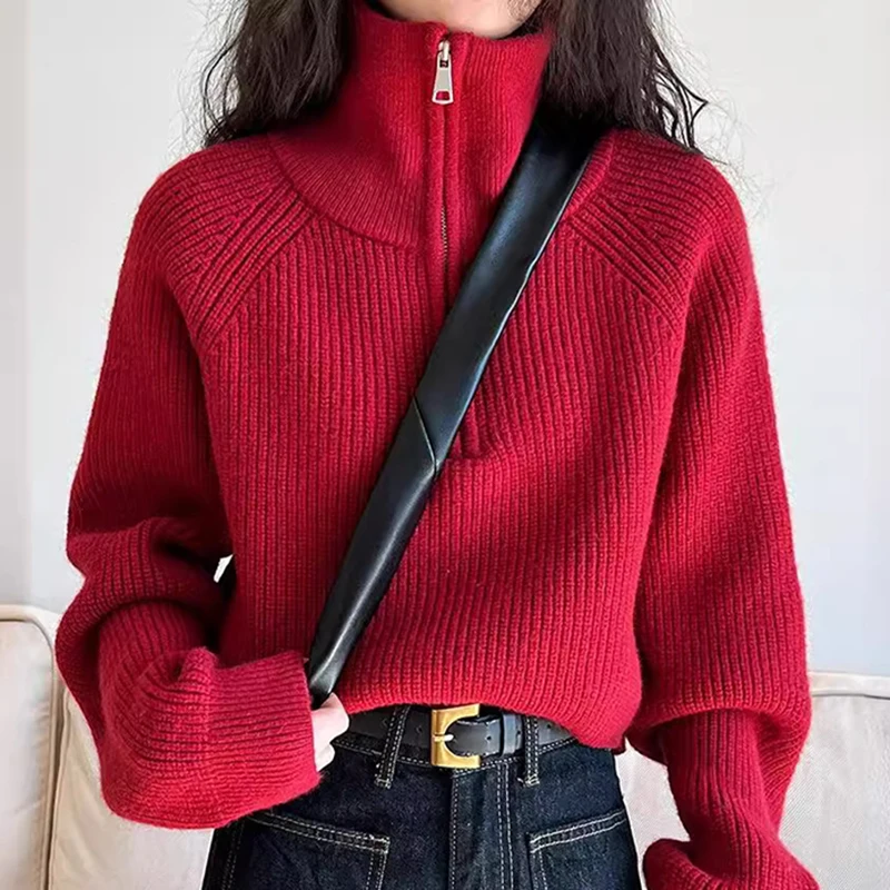 Epligg Half-High Collar Design Sense Zip-Up Red Knit Women Short Autumn And Winter New High Waist Loose Sweater