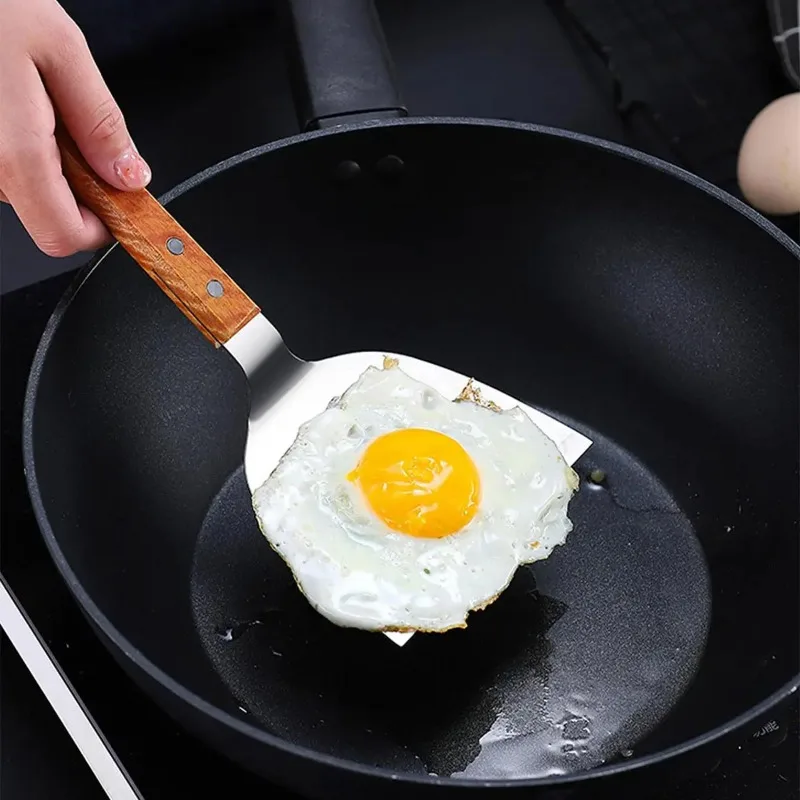 1PC Łopata do gotowania ze stali nierdzewnej Drewniany uchwyt Łopatka do gotowania steków Łopatka do naleśników Łopata do pizzy Narzędzia do grillowania Przybory kuchenne