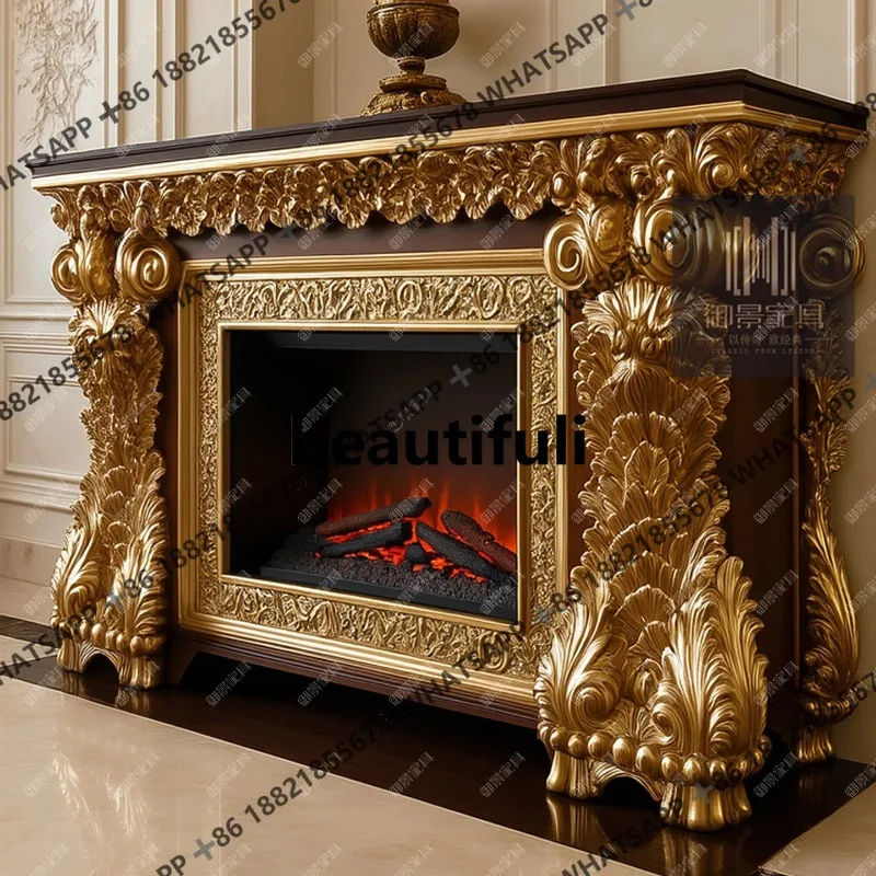 

H European solid wood fireplace cabinet retro carved decoration living room against the wall gold foil baking paint Xuanguan