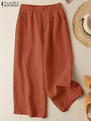 ZANZEA-Pantalones largos de algodón puro para mujer, calzas informales de pierna ancha, de cintura alta, Estilo Vintage, para verano, 2023