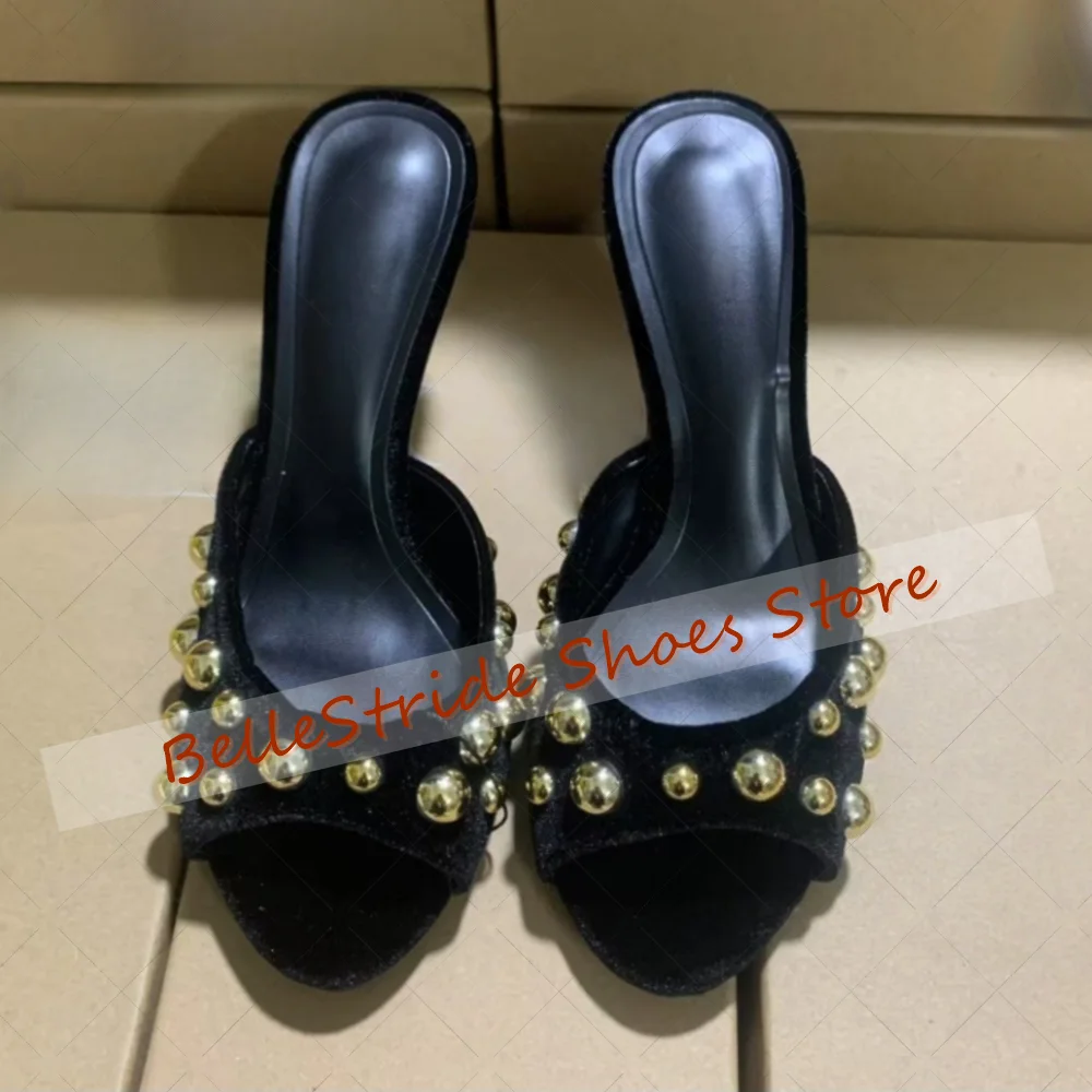 

Black Round Rivets Suede Slippers Open Toe Women Shoes Stilettos High Heels Party Banquet Dating 2025 Zapatos Para Mujere