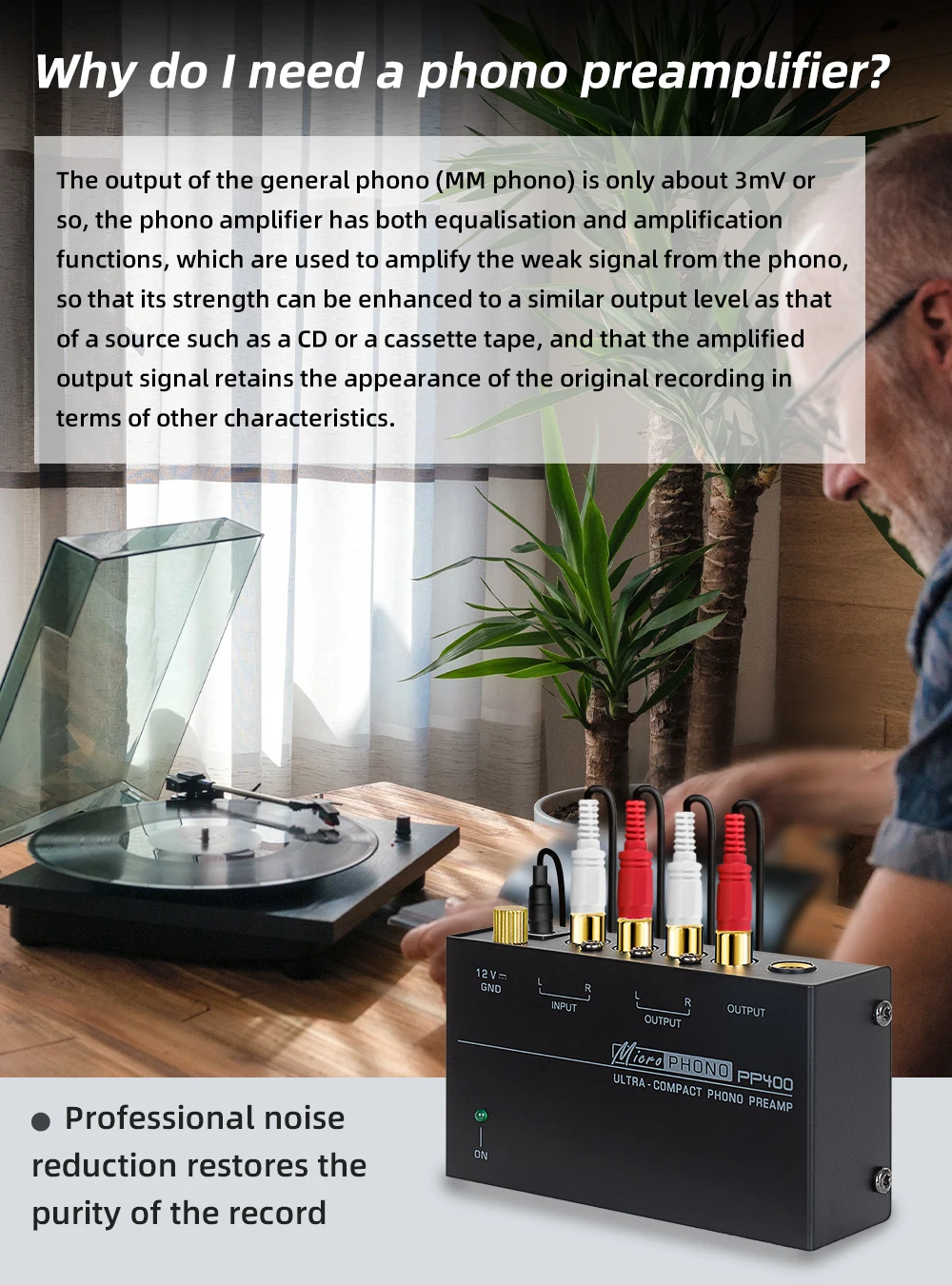 Preamplifier Phono Preamp Ultra-Compact Audio Amplifier with Level Volume Control Turntable Input RCA Output 1/4'' TRS Output