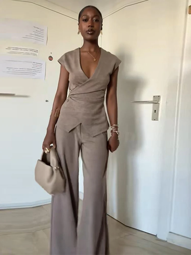 핀 V넥 베스트 팬츠 여성 세트 민소매 탱크탑 와이드 레그 미드 웨이스트 트라우저 2025 여름 가을 출퇴근 오피스룩 수트