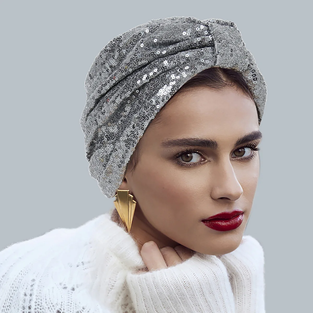 Elegant Women Sequins Knotted Turban Hat Shiny Muslim Headwear Bonnet Female Ready To Wear Head Wrap Cap Hair Accessories