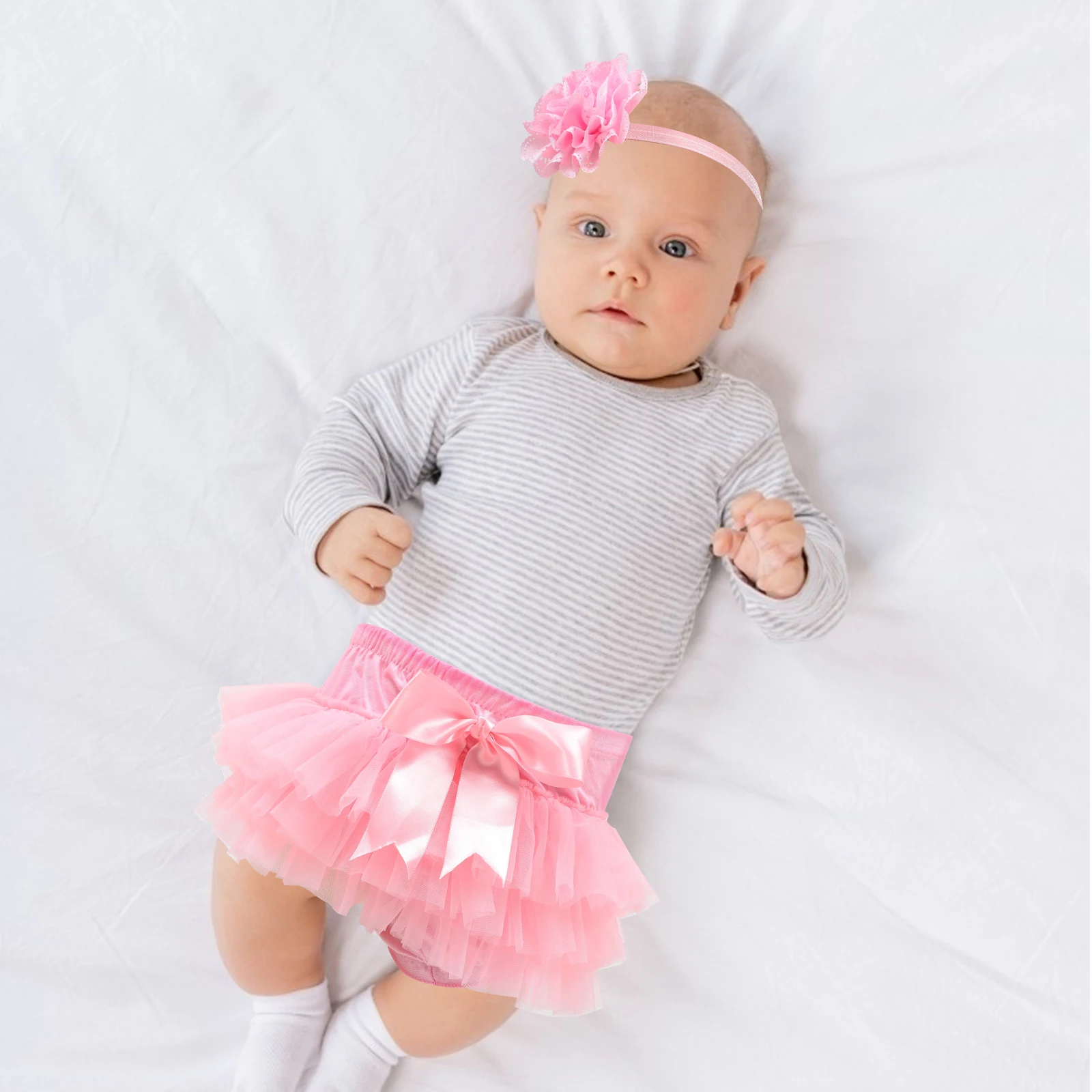 

Tutu Skirt For Baby Girls Newborn Toddlers Birthday Dress Headdress Pink L Size Soft Tulle Satin Elastic Waist Skirt Pants