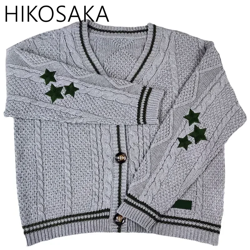 Cárdigan Vintage de manga larga con bordado de estrellas, suéteres informales holgados con cuello en V, jersey de calle Y2k, otoño e invierno, novedad de 2024