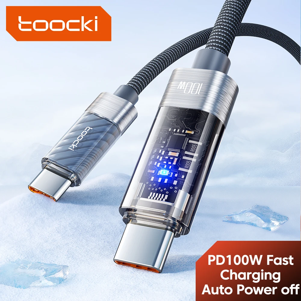 Toocki PD 100W Auto Power off USB Cable 5A Fast Charging Transparent Type C To Type C Cable For iPhone 15 16 Xiaomi Samsung S23