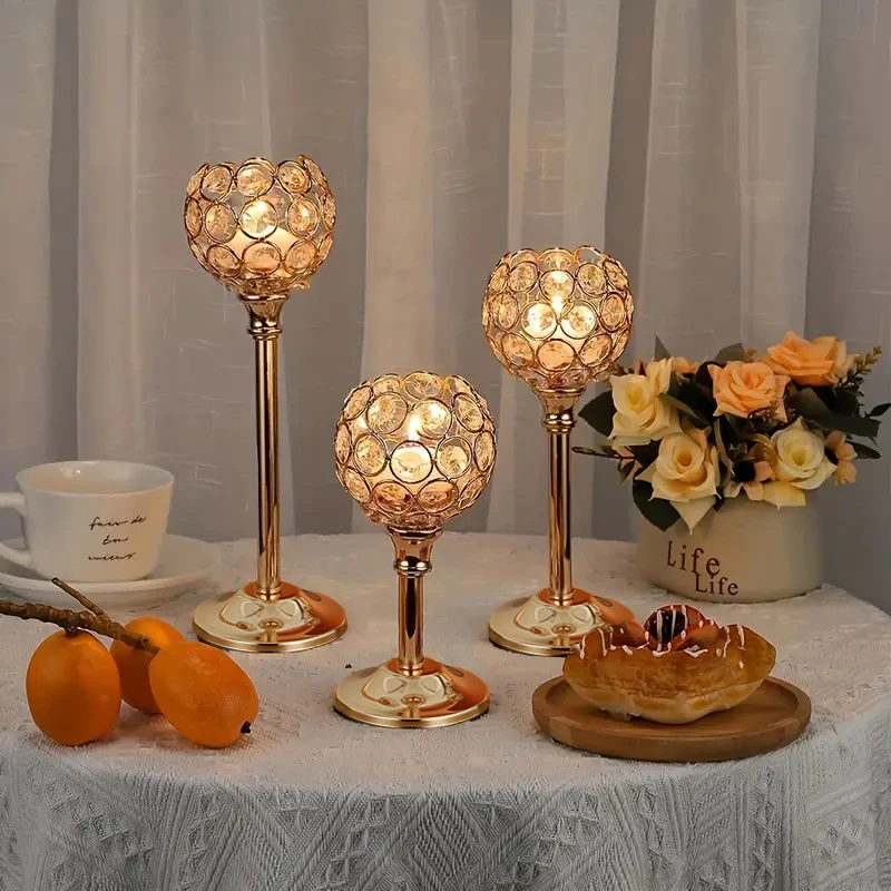 1PC Crystal Gold Metal Candle Holders Hotel Window Decorations Home Wedding Props Wedding Romantic European Floral Arrangements