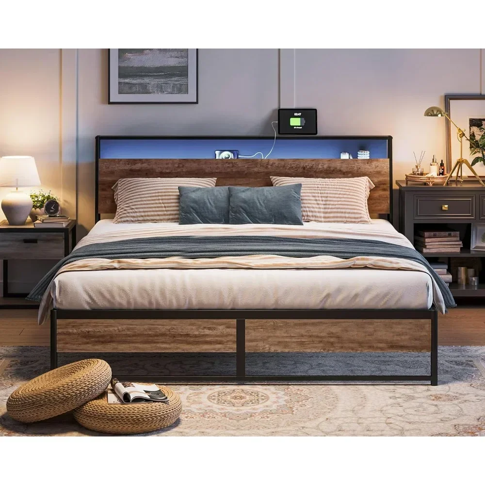 Extra large bed frame, storage headboard, with charging station and LED lights, quick assembly, noise free, brown color