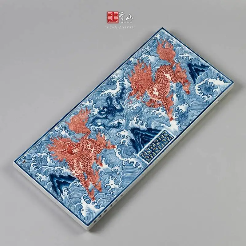 Sacred Mountain Antique-Style Chinese Hand-Painted Ming-Style Qilin Spitting Jade Book Ceramic Blue White Underglaze Red Dry And