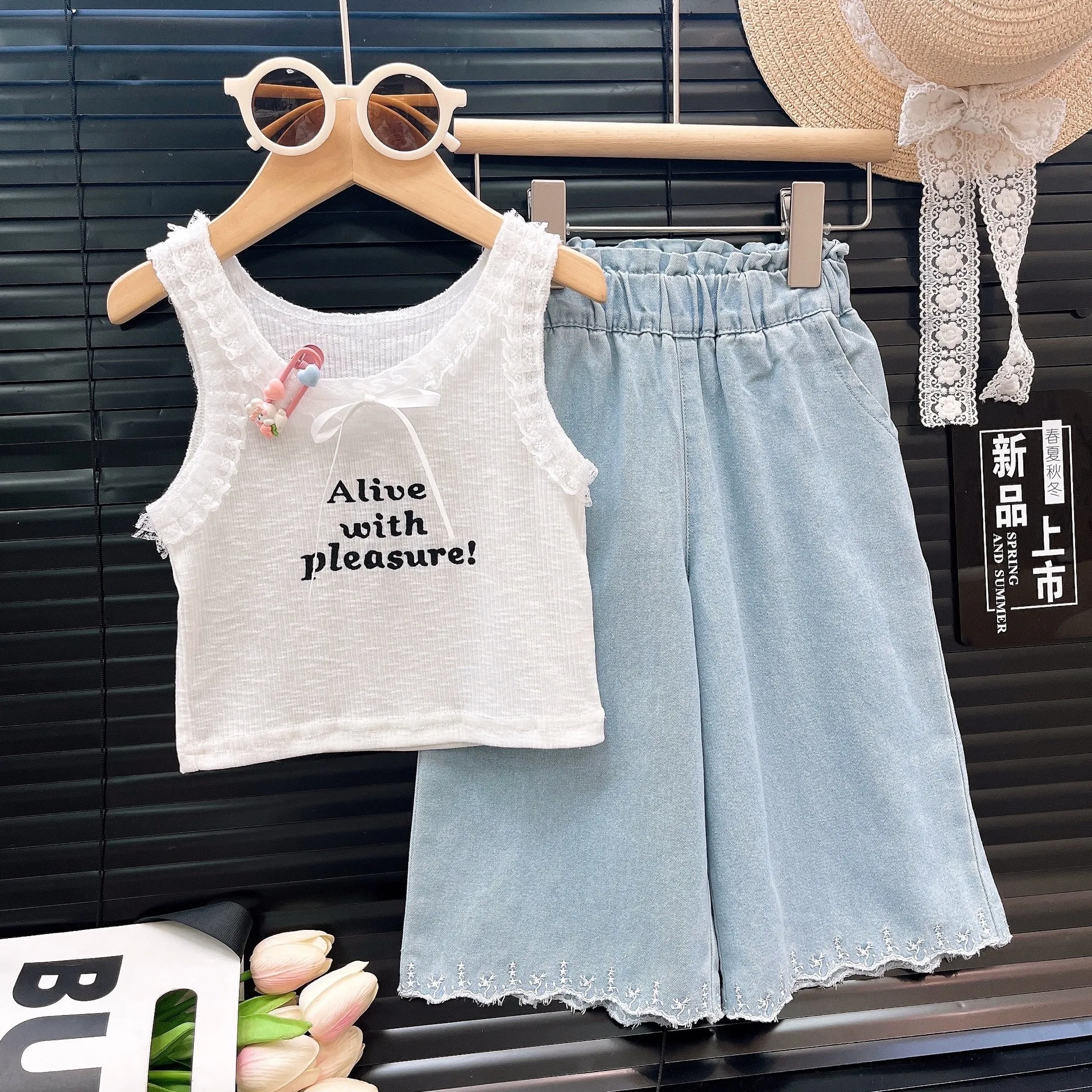 Girls' Clothing Sets Spring Summer Girls Letter Fashion Tank Top+Cowboy Wide Leg Pants Two Piece Set Children's Clothing Suits