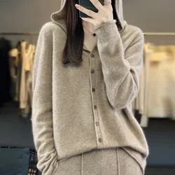 Australian Merino Pure Australia Wool Knit Women's Seamless Hooded Cardigan Ladies' Elastic Solid Sweater Coat