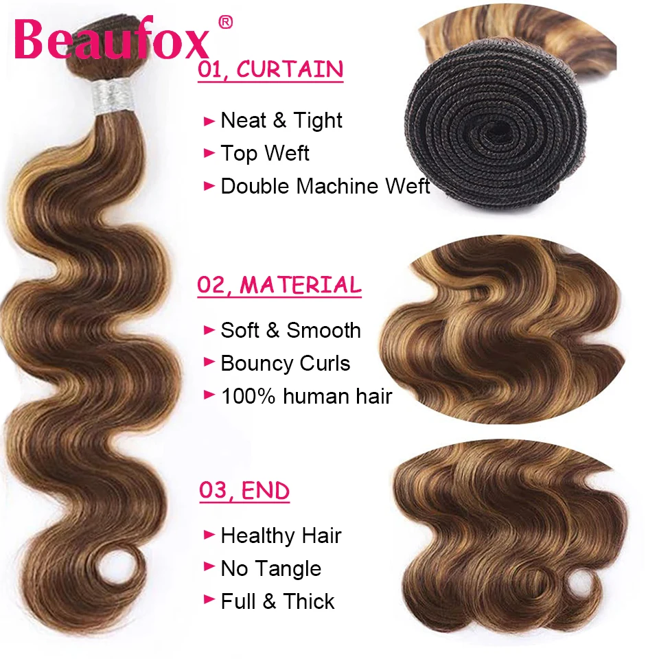 Beaufox Highlight Ombre Human Hair Bundles Brazilian Brown Body Wave Bundles Human Hair 4/27 Honey Blonde Hair Bundles Deals 30